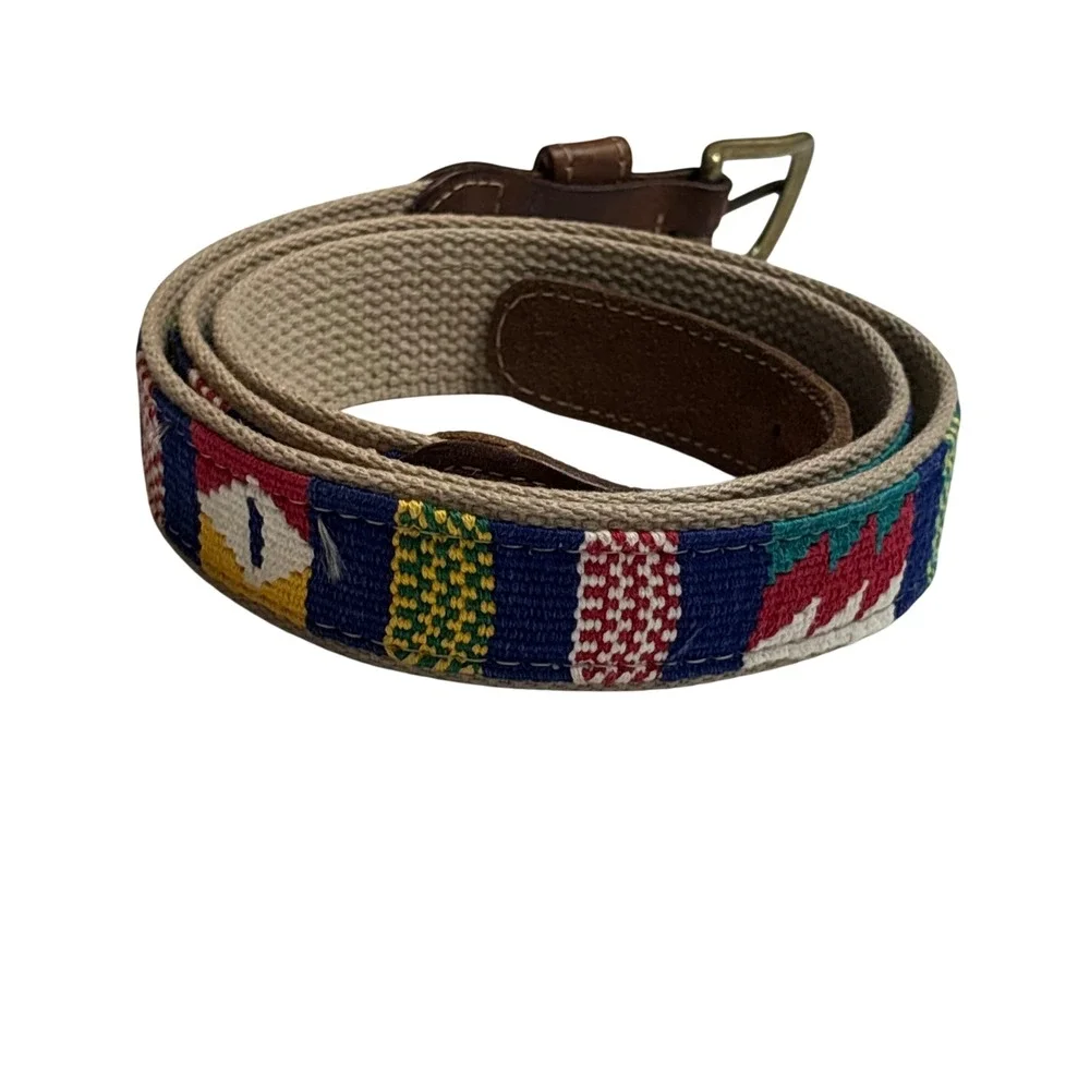 A Tail We Could Wag Belt Size 42 Leather Canvas Handwoven Guatemalan Preppy Boho